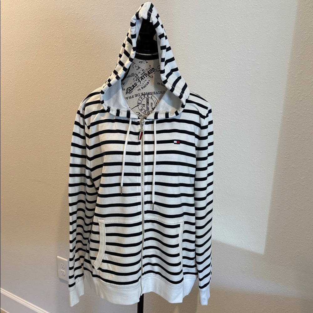 Tommy Hilfiger Navy & White Striped Crewneck Sweater with Flag Trim